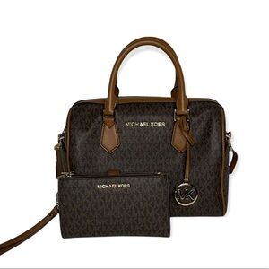 MICHAEL KORS Brown Signature MK Pattern Duffel Satchel & Double Zip Wallet